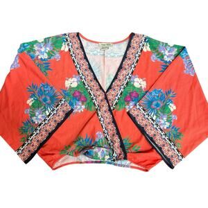 Flying Tomato Orange Floral Kimono Sleeve Surplice Cropped Top Blouse S